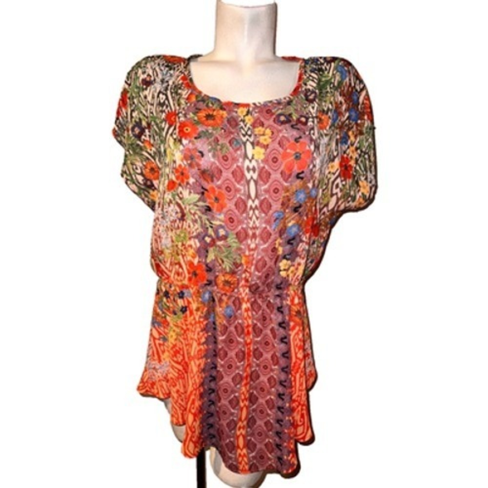 Monroe and Main Womens Floral Geometric Mixed Print Blouse Orange Purple Large